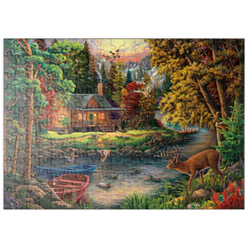 Darstellung des Puzzle-Motivs Waldhütte am funkelnden Fluss – Puzzleteile: 200