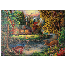 Darstellung des Puzzle-Motivs Waldhütte am funkelnden Fluss – Puzzleteile: 500