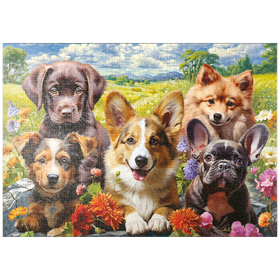Darstellung des Puzzle-Motivs Fröhliche Pfoten: Welpenzauber im Sommerglück – Puzzleteile: 1000