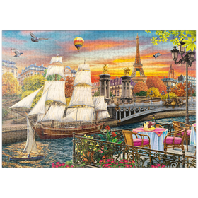 Darstellung des Puzzle-Motivs Segelschiff und Heißluftballons: Pariser Brücke und Eiffelturm im Abendglanz – Puzzleteile: 1000