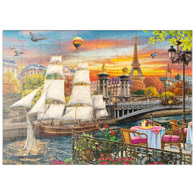 Darstellung des Puzzle Motivs Segelschiff und Heißluftballons: Pariser Brücke und Eiffelturm im Abendglanz - Puzzleteile: 100