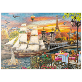 Darstellung des Puzzle-Motivs Segelschiff und Heißluftballons: Pariser Brücke und Eiffelturm im Abendglanz – Puzzleteile: 200