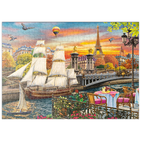 Darstellung des Puzzle Motivs Segelschiff und Heißluftballons: Pariser Brücke und Eiffelturm im Abendglanz - Puzzleteile: 500