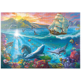 Darstellung des Puzzle-Motivs Segelboot und die Unterwasserwelt – Puzzleteile: 1000