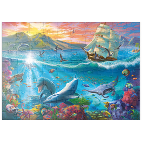 Darstellung des Puzzle Motivs Segelboot und die Unterwasserwelt - Puzzleteile: 100
