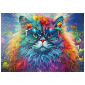 Darstellung des Puzzle-Motivs Regenbogenkatze mit stylischer Brille – Puzzleteile: 1000