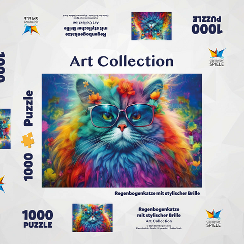 Regenbogenkatze mit stylischer Brille 1000 Puzzle Schachtel 3D Modell