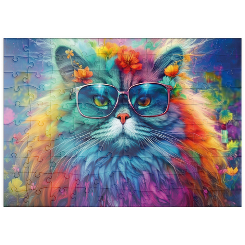 puzzleplate Regenbogenkatze mit stylischer Brille 100 Puzzle