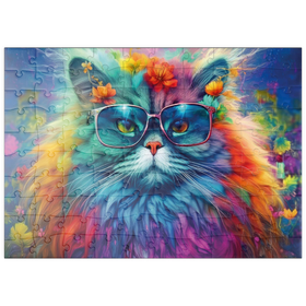Darstellung des Puzzle Motivs Regenbogenkatze mit stylischer Brille - Puzzleteile: 100