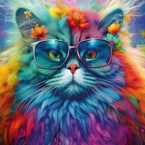 Regenbogenkatze mit stylischer Brille 100 Puzzle 3D Modell