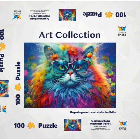 Regenbogenkatze mit stylischer Brille 100 Puzzle Schachtel 3D Modell