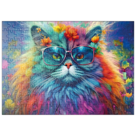 Darstellung des Puzzle-Motivs Regenbogenkatze mit stylischer Brille – Puzzleteile: 200