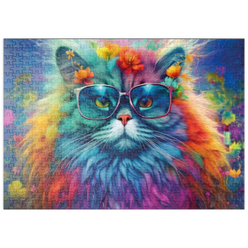 Darstellung des Puzzle Motivs Regenbogenkatze mit stylischer Brille - Puzzleteile: 500