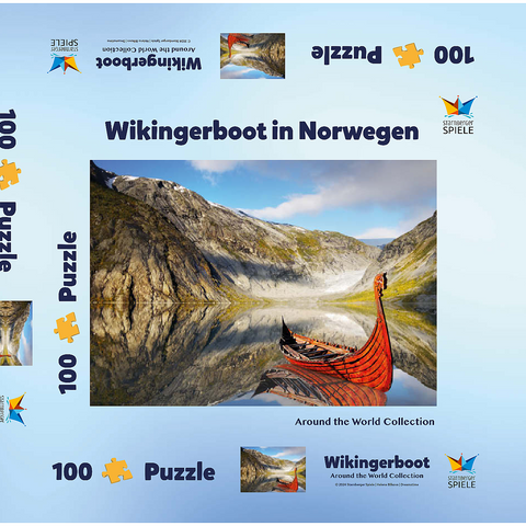 Wikinger-Boot in einem Fjord in Norwegen 100 Puzzle Schachtel 3D Modell