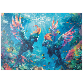 Darstellung des Puzzle-Motivs Delfin-Papageien am Korallenriff  - Fantasie-Tiere in der Unterwasserwelt – Puzzleteile: 1000