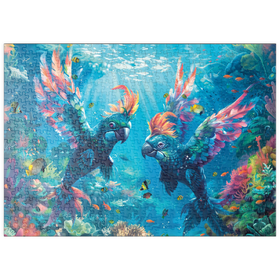 Darstellung des Puzzle-Motivs Delfin-Papageien am Korallenriff  - Fantasie-Tiere in der Unterwasserwelt – Puzzleteile: 500
