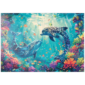 Darstellung des Puzzle-Motivs Leoparden-Delfine am Korallenriff  - Fantasie-Tiere in der Unterwasserwelt – Puzzleteile: 1000