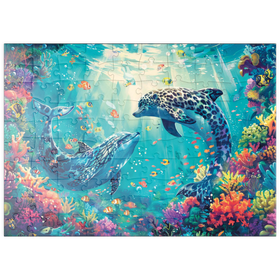 Darstellung des Puzzle Motivs Leoparden-Delfine am Korallenriff  - Fantasie-Tiere in der Unterwasserwelt - Puzzleteile: 100