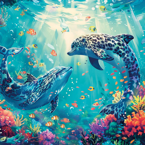 Leoparden-Delfine am Korallenriff  - Fantasie-Tiere in der Unterwasserwelt 100 Puzzle 3D Modell