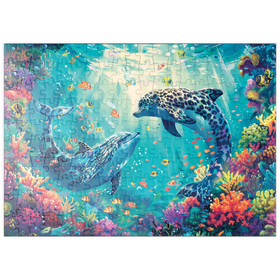 Darstellung des Puzzle Motivs Leoparden-Delfine am Korallenriff  - Fantasie-Tiere in der Unterwasserwelt - Puzzleteile: 200