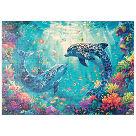Darstellung des Puzzle Motivs Leoparden-Delfine am Korallenriff  - Fantasie-Tiere in der Unterwasserwelt - Puzzleteile: 500