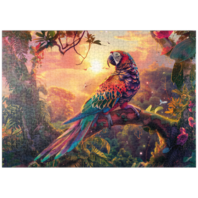 Darstellung des Puzzle-Motivs Leoparden-Papagei  - Fantasie-Tier im farbenprächtigen Dschungel – Puzzleteile: 1000