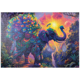 Darstellung des Puzzle-Motivs Der elefantastische Pfau  - Fantasie-Tier im farbenprächtigen Dschungel – Puzzleteile: 1000
