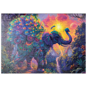 Darstellung des Puzzle Motivs Der elefantastische Pfau  - Fantasie-Tier im farbenprächtigen Dschungel - Puzzleteile: 100