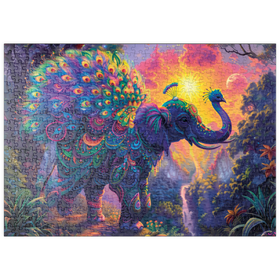 Darstellung des Puzzle Motivs Der elefantastische Pfau  - Fantasie-Tier im farbenprächtigen Dschungel - Puzzleteile: 500
