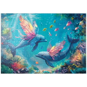 Darstellung des Puzzle-Motivs Delfin-Schmetterlinge am Korallenriff  - Fantasie-Tiere in der Unterwasserwelt – Puzzleteile: 1000