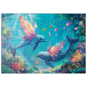 Darstellung des Puzzle-Motivs Delfin-Schmetterlinge am Korallenriff  - Fantasie-Tiere in der Unterwasserwelt – Puzzleteile: 500