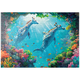 Darstellung des Puzzle-Motivs Delfin-Giraffen am Korallenriff  - Fantasie-Tiere in der Unterwasserwelt – Puzzleteile: 1000