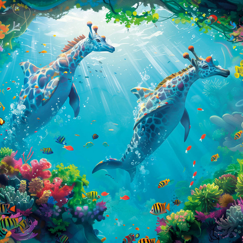 Delfin-Giraffen am Korallenriff  - Fantasie-Tiere in der Unterwasserwelt 1000 Puzzle 3D Modell