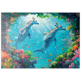 Darstellung des Puzzle Motivs Delfin-Giraffen am Korallenriff  - Fantasie-Tiere in der Unterwasserwelt - Puzzleteile: 100