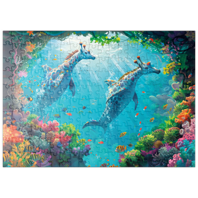 Darstellung des Puzzle Motivs Delfin-Giraffen am Korallenriff  - Fantasie-Tiere in der Unterwasserwelt - Puzzleteile: 200