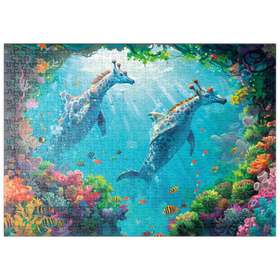 Darstellung des Puzzle-Motivs Delfin-Giraffen am Korallenriff  - Fantasie-Tiere in der Unterwasserwelt – Puzzleteile: 500