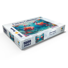 Darstellung des Puzzle Motivs Delfin-Flamingos am Korallenriff  - Fantasie-Tiere in der Unterwasserwelt - Puzzleteile: 1000