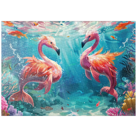Darstellung des Puzzle-Motivs Delfin-Flamingos am Korallenriff  - Fantasie-Tiere in der Unterwasserwelt – Puzzleteile: 1000