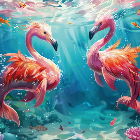 Delfin-Flamingos am Korallenriff  - Fantasie-Tiere in der Unterwasserwelt 1000 Puzzle 3D Modell