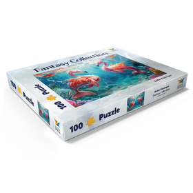 Darstellung des Puzzle Motivs Delfin-Flamingos am Korallenriff  - Fantasie-Tiere in der Unterwasserwelt - Puzzleteile: 100