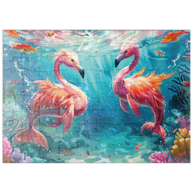 Darstellung des Puzzle Motivs Delfin-Flamingos am Korallenriff  - Fantasie-Tiere in der Unterwasserwelt - Puzzleteile: 100