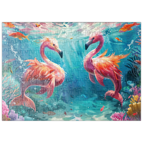 Darstellung des Puzzle Motivs Delfin-Flamingos am Korallenriff  - Fantasie-Tiere in der Unterwasserwelt - Puzzleteile: 200