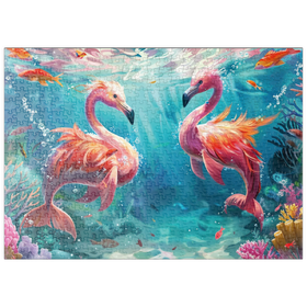 Darstellung des Puzzle-Motivs Delfin-Flamingos am Korallenriff  - Fantasie-Tiere in der Unterwasserwelt – Puzzleteile: 500
