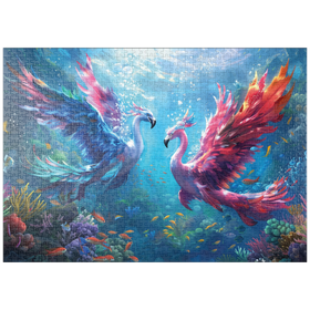 Darstellung des Puzzle-Motivs Flamingo-Papageien am Korallenriff  - Fantasie-Tiere in der Unterwasserwelt – Puzzleteile: 1000