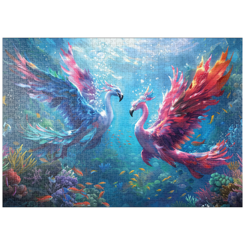 puzzleplate Flamingo-Papageien am Korallenriff  - Fantasie-Tiere in der Unterwasserwelt 1000 Puzzle