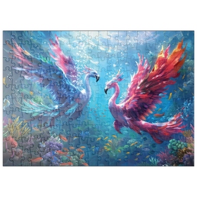 Darstellung des Puzzle Motivs Flamingo-Papageien am Korallenriff  - Fantasie-Tiere in der Unterwasserwelt - Puzzleteile: 200