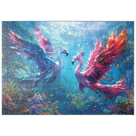 Darstellung des Puzzle-Motivs Flamingo-Papageien am Korallenriff  - Fantasie-Tiere in der Unterwasserwelt – Puzzleteile: 500
