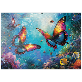 Darstellung des Puzzle-Motivs Wasser-Schmetterlinge am Korallenriff  - Fantasie-Tiere in der Unterwasserwelt – Puzzleteile: 1000