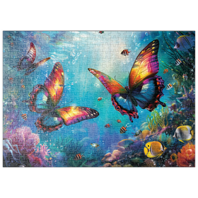 Darstellung des Puzzle-Motivs Wasser-Schmetterlinge am Korallenriff  - Fantasie-Tiere in der Unterwasserwelt – Puzzleteile: 500