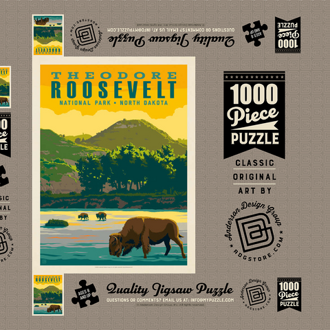 Darstellung des Puzzle Motivs Theodore Roosevelt National Park: Bison, Vintage Poster Theodore Roosevelt National Park: Bison, Vintage Poster 1000 Puzzle Schachtel 3D Modell